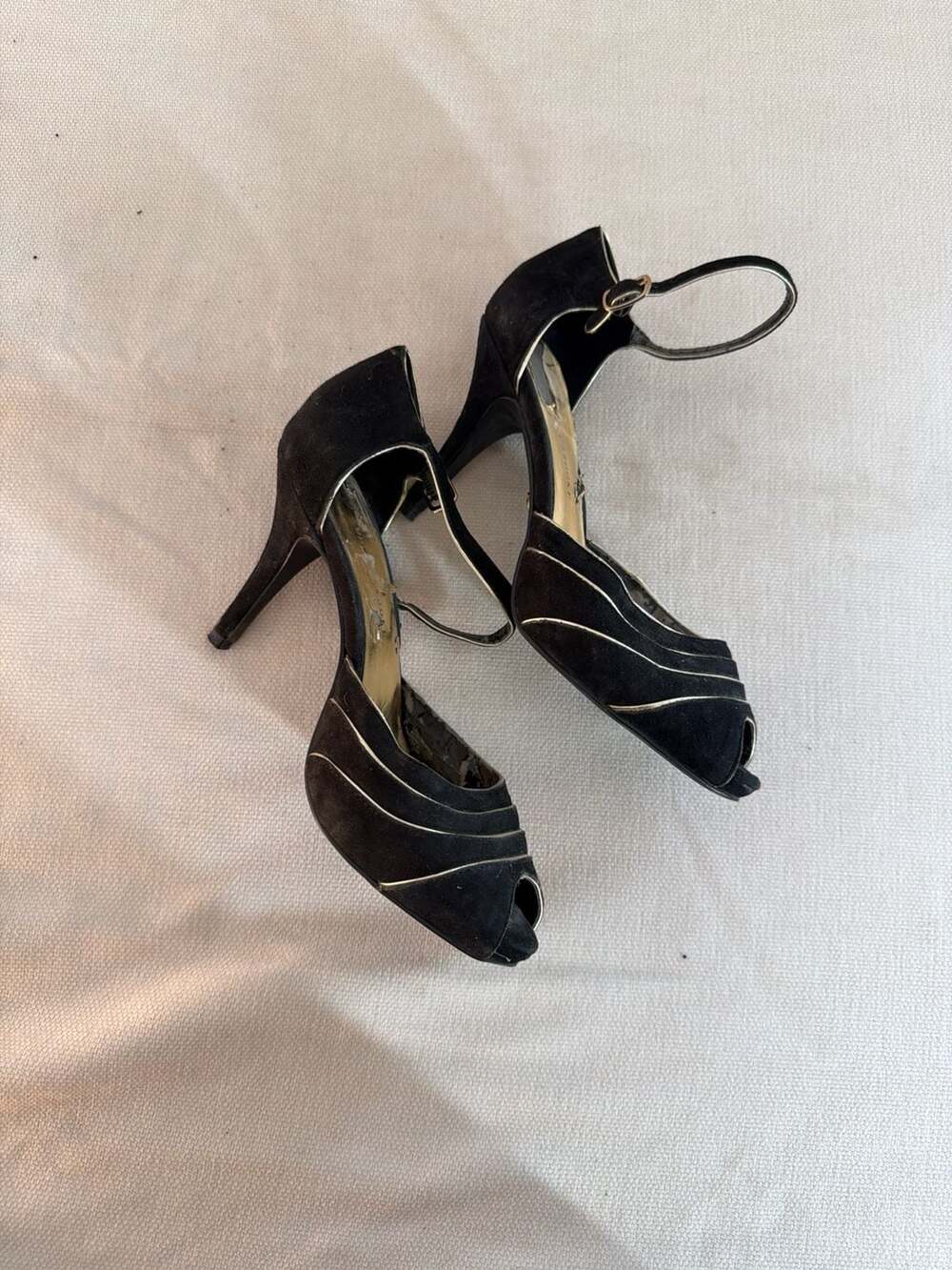 Audrey Brooke Black Suede Gold Trim Peep Toe Ankle Strap Heels Size 6.5M